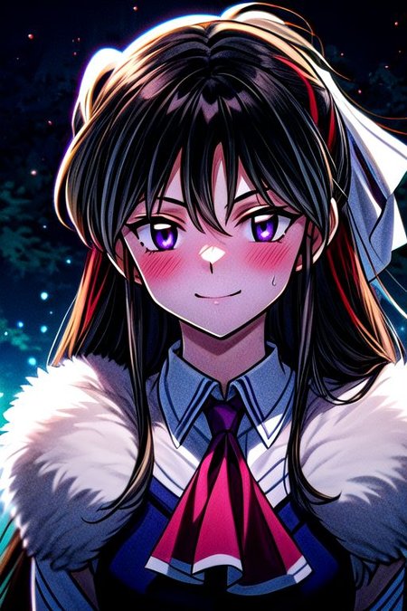 masterpiece,  best quality 1girl Setsun4 solo long hair,  (night time) forest background black hair very long hair purple eyes multicolored hair armor (fur trim) (medium body),<lora:EMS-179-EMS:0.800000>,<lora:EMS-293862-EMS:0.800000> bow, hair_bow, hair_tubes, red_bow, brown_hair, long_hair, bangs, ascot, frilled_bow, yellow_ascot, blush, smile, hair_between_eyes, athletic