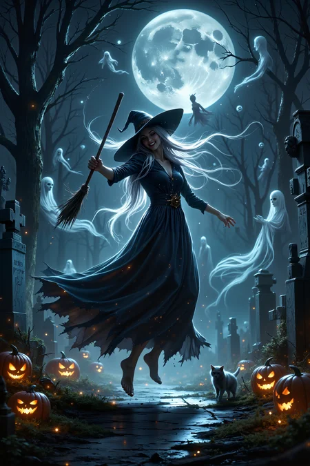 In a haunted graveyard bathed in soft moonlight, a young witch with flowing silver hair dances joyfully among the gravestones, her broomstick twirling in the air above her. Her long, flowing dress sparkles with stardust, and her wide-brimmed hat bounces as she moves. Around her, ghostly figures float lazily through the mist, their transparent forms flickering in and out of the shadows cast by the moon. The gravestones are cracked and covered in glowing moss, and small jack-o'-lanterns line the path, their mischievous grins flickering in the breeze. The witch laughs, her bare feet kicking up soft dirt as she spins in the moonlight, her cat chasing after her in playful circles. The scene is hauntingly beautiful, with a playful, carefree energy that perfectly captures the magic of Halloween night. <lora:DnDDarkestFantasy:0.5><lora:FluxMythP0rtr4itStyle:0.75><lora:Dever_Flux_Enhancer:0.5><lora:Aura_Flux-000010:0.6>