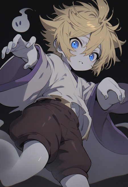 masterpiece, best quality, male focus, solo male, ghost boy, ghost pose, shirt,  floating, grey skin, shorts, parted lips, wide sleeves, <lora:takeru-takaishi-s1-ponyxl-lora-Digimon:1>, takeru takaishi, blonde hair, blue eyes
