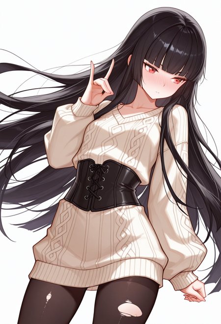Smooth Quality,masterpiece,very intricate, high quality details, ultra realistic, high detailed skin,detailed enviorement,absurdres,
fox shadow puppet,
 <lora:Atre_CNR:0.8> atre_cnr, 1girl, black hair, very long hair,blunt bangs, red eyes,, simple background, white background, dynamic angle,solo,, full-face blush,, corset top,  ,oversized sweater, ,torn pantyhose,  ,