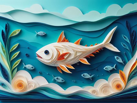 Made of paper.

A tuna, swimming in the ocean.

<lora:Quilling01_CE_XL_300-OT:0.6> qlngCE_style