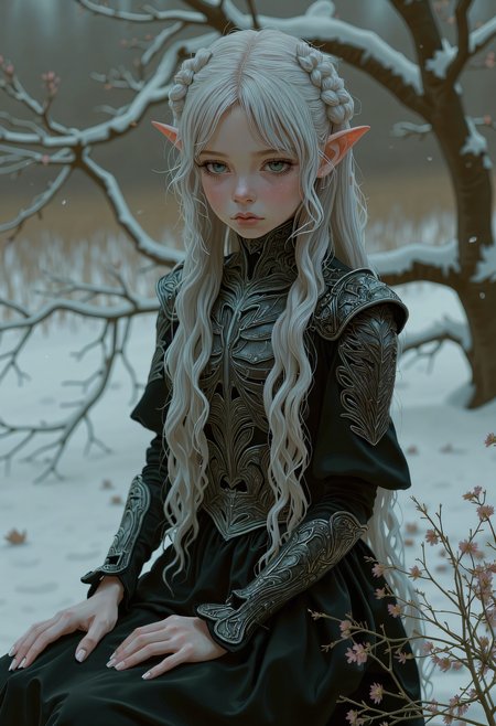 SWMS,Full body potrait, hyperrealistic detail, Rendered in a fusion of photorealism and digital surrealism, Beautiful surreal high fantasy portrait, A Female warrior with dark, ashen skin and long, long silver-white hair, intricate braids, black Armor and clothes, facing the viewer stands amidst snowflakes, ethereal and otherworldly presence, with sharp, elf-like ears and adorned in elaborate, dark armor with detailed engravings and metallic patterns. Her expression is somber and introspective as she sits quietly, her eyes are silver, in a cold and desolate landscape under a dim, moonlit sky. Her armor is very detailed with decorations, giving her an air of nobility, Real sharp photo, snowing, snowflakes in the air, blurred background, rose gold minerals, shiny aura, highly detailed, Kirnan Shipka, Januz Miralles, Hikari Shimoda, glowing stardust by W. Zelme. The overall effect is breathtaking and truly captivating, shimmering skin that glows like the night sky, long, hair adorned with tiny, glowing stars, deep, cosmic eyes, ethereal hues, mysterious and enchanting expression, dreamlike and mystical atmosphere, RAW candid cinema, 16mm, color graded portra 400 film, remarkable color, ultra realistic, textured skin, remarkable detailed pupils, realistic dull skin noise, visible skin detail, skin fuzz, dry skin, shot with cinematic camera, detailed skin texture, (blush:0.2), (goosebumps:0.3), subsurface scattering, detailed drawing   <lora:FLUX - SWMSF - Styles for FLUX ( detailed drawing, swms ):1> <lora:FLUX - Surreal_Photo (Glitter):0.6>