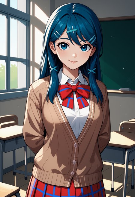 score_9, score_8_up, score_7_up, source_anime, <break> solo, 1girl, tsubasadef, smile, looking at you, standing, arms behind back, long hair, blue hair, hairclip, blue eyes, school uniform, brown cardigan, long sleeves, white shirt, collared shirt, red bowtie, red skirt, plaid skirt, indoors, classroom
<segment:yolo-face_yolov8m.pt,0.4,0.5//cid=1>