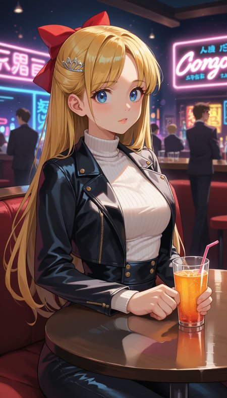 score_9, score_8_up, score_7_up, source_anime, 
 <lora:Sailor Venus:0.9> , minako aino, blonde hair, blue eyes, bow, hair bow, half updo, long hair, red bow, tiara,
nightclub, neon lights, bokeh, depth of field, makeup, leather jacket, turtleneck, high waist pants, sit, table, drink,