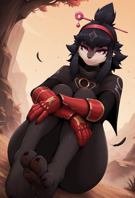 sketchyprotogen,  outdoors, undershirt, falling feathers, black bodysuit, hair stick, hugging own legs, , gauntlets,   eyeshadow,   red gloves, black capelet, red hairband, pink eyes, 1girl, solo, feet, medium hair, black hair  dynamic angle, foreshortening, furry, furry female, anthro, paws, claws, pawpads,