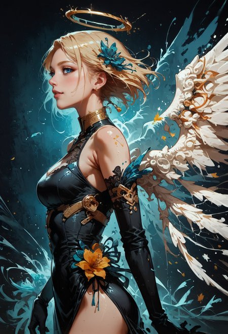 score_9, score_8_up, score_7_up,  1girl, angel, blonde hair, short hair, side view, standing, posing, black dress, opal, looking at viewer, white angel wings, feather wings, bright particles, darkness, gloom, black lace gloves, golden cherry blossom tones, Japanese aesthetic, lilies, explosive bright particles in the form of sparks of light, gold collar, black theme, black background  <lora:pony/twilight_style:0.8> <lora:pony/expressiveh:0.8> expressiveh <lora:pony/neon_cyberpunk_splash_art:0.8> <lora:sdxl/sinfully_stylish_sdxl>