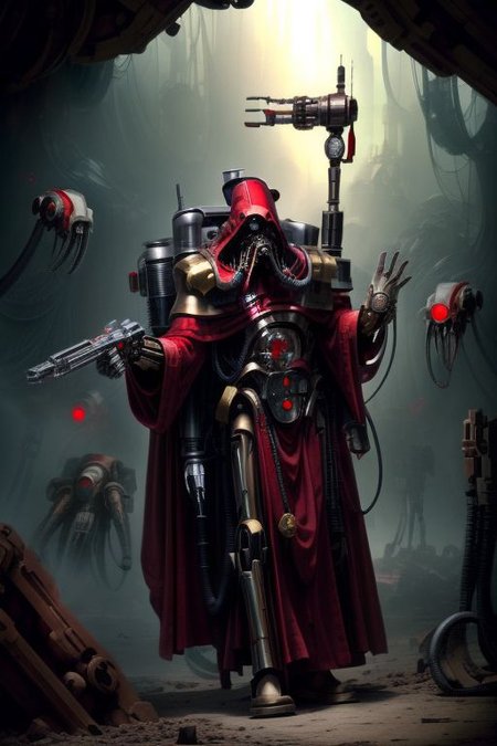 ((masterpiece,best quality)), absurdres, BREAK
mechanical arms, robes, hood, BREAK
((techpriest)), cyborg, mechanical face, mechanical limbs, gas mask, mechanical tentacles, (mechanical backpack), red cloak, BREAK
1other, solo, holding gun, weapon, gun, firearm, BREAK
(star wars),