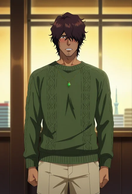 masterpiece, best quality, intricate details, anime screencap, anime coloring, official style, looking at viewer, depth of field, 1boy, solo, male focus, <lora:yasutora_sado_ilxl:0.98>, yasutora_sado, brown hair, brown eyes, short hair, dark-skinned male, dark skin, facial hair, stubble, hair over one eye, cowboy shot, skytree, indoors, arm at side, shy, blush, Dark purple Leopard print Pleated khaki shorts, Olive Color-block sweater, , ,