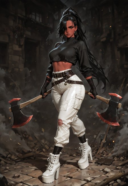 solo, 21yo, crop-top, girl, black girl, african girl, da k skin, black skin,very long straight black hair, brown eyes, gorgeous lips, dark Red warpaint, medium perky breasts, perfect body, large hips, fit body, thick thigs, White baggy pants, white ankle boots,pointed toe, platform toe, stiletto Heels,decorative studs, ankle boots, thick thighs, dark clothes, wearing belts and satchels on legs and hips and arms, black bandages on wrists, freckles, body freckles, black anime hair, big spiky floating ponytail, hair over one eye, thick eyelashes, black eyeliner, condescending expression, wielding a massive Axe, Double Axe, war-axe, running towards Viewer, swinging Axe, ambush,bright picture