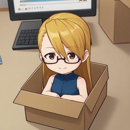 score_9, score_7_up, source_anime, 1girl, smile, closed mouth, <lora:chibi_box_b0xe_v2.1:0.8> b0xe, in box, chibi, cardboard box, <lora:AdrianAA-pdxl:1> andrews, blonde hair, long hair, asymmetrical bangs, brown eyes, glasses, sleeveless shirt, blue shirt, turtleneck, desk, computer, indoors