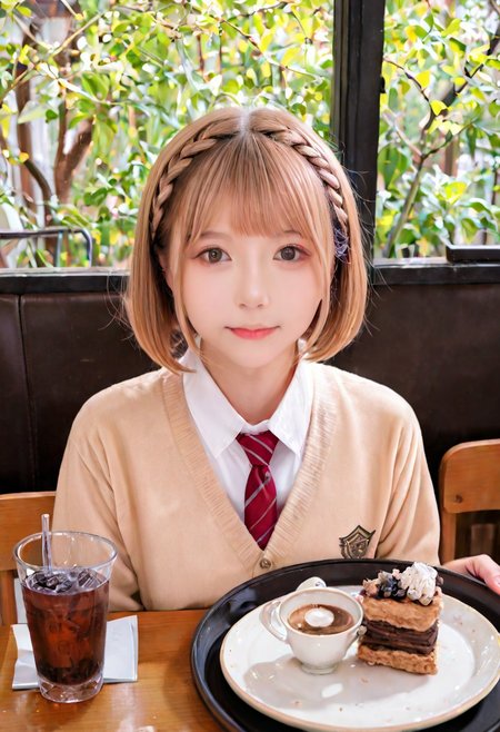 4K photo, (very awa, masterpiece, best quality, highres, absurdres, realistic, photorealistic), photo, professional photography, skin texture, portrait, close-up, 1girl, japanese, Chinatsu \(blue box\), short hair, braid, looking at viewer, school uniform, necktie, cafe, holding tray, sitting, scenery