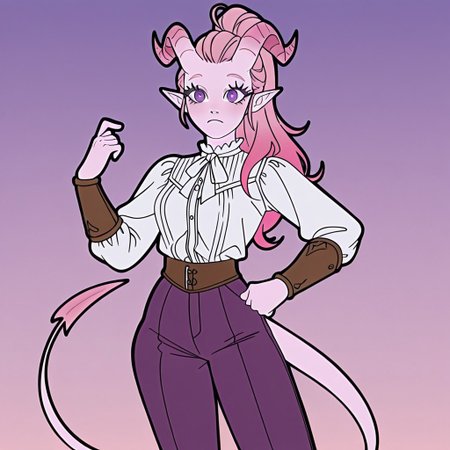 rlstyle, easynegative, poseydnd, Flatline, Flat vector illustration, Black outline, Vivid colors, anime coloring, 1girl, pink hair with purple gradient, poseydnd, ponytail, purple eyes, white blouse, purple pants, brown bracers, brown boots, tiefling, pointed ears, pink horns,straight horns, demon horns, tail, pointed ears, long pink hair, pink hair with purple gradient, long lashes, thick lashes, pale pink skin, thin tail, pink tail, imp tail, light colors, pastel colors, purple gradient in hair