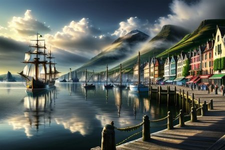 (masterpiece:1.2), (best quality,:1.2), 8k, HDR, ultra detailed, ((photorealistic)), perfect anatomy, pire, ship, pier, over looking a harbor, noon, CelticLandStyle