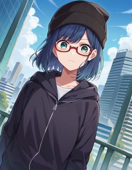 score_9, score_8_up, score_7_up, source_anime,
akanekurokawa, <lora:akane-kurokawa-ponyxl-lora-nochekaiser:1>,
akane kurokawa, bangs, green eyes, blue hair, medium hair, dark blue hair,
long sleeves, hat, jacket, glasses, hood, black jacket, black headwear, hoodie, hood down, red-framed eyewear, beanie,
outdoors, cityscape,
looking at viewer, cowboy shot, dutch angle,