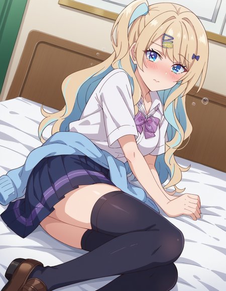 score_9, score_8_up, score_7_up, source_anime,
lunashirakawa, <lora:luna-shirakawa-s1-ponyxl-lora-nochekaiser:1>,
luna shirakawa, long hair, blue eyes, blonde hair, hair ornament, bow, multicolored hair, hairclip,
skirt, shirt, thighhighs, bow, school uniform, white shirt, pleated skirt, shoes, black thighhighs, bowtie, blue skirt, plaid, plaid skirt, loafers, purple bow, clothes around waist, gyaru, purple bowtie,
indoors, bed, bed room, on side, blush, drunk,
looking at viewer, dutch angle, cowboy shot,