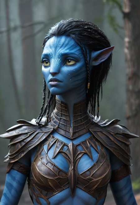 female Avatar navi alien with blue skin, dynamic, moody, shadows, dark, sinister, highly detailed, natural bark armor breastplate, digital painting, artstation, concept art, smooth, sharp focus