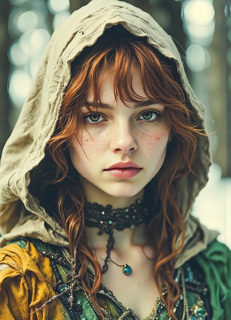 A mystical forest druidess, Extreme Upper Body Closeup Portrait, Vibrant amber and earthy green color graded. Her face, framed by a loosely draped linen hood, is illuminated by soft, diffused light that highlights her delicate features. Freckles dot her youthful yet weathered skin, telling stories of her bond with the wilds, while a subtle, satisfied smile graces her lips, exuding confidence and calm. Her piercing eyes, shaded slightly by the oversized hood, shimmer with an earthy warmth that draws you in. Strands of unkempt auburn hair peek from beneath the hood, blending seamlessly with her natural surroundings. The intricate details of her attire feature a chest piece adorned with organic patterns resembling vines and leaves, crafted from translucent amber and dark green materials. The snowy, shadowy forest backdrop contrasts beautifully with the druidessâs radiant and enchanting presence. <lora:Elden_Ring_-_Yoshitaka_Amano.safetensors:1.0>, <lora:aiai-Glimra-Flux-Dev-v2.safetensors:0.5>,  <lora:Movie_Portrait.safetensors:0.8>,  <lora:- Flux1 - soothing_atmo_V2.0.safetensors:0.4>,  <lora:lith_mimosa_kiel_grw134_FLUX.safetensors:0.7>, <lora:Instant camera portrait photography V2.0.safetensors:0.5>,
