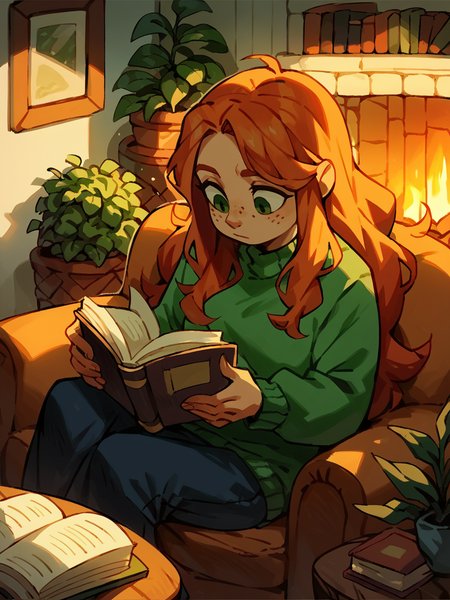 score_9, score_8_up, score_7_up, score_6_up, score_5_up, 1girl, ginger_hair, freckles, green_eyes, long_hair, sweater, reading, indoor, cozy, warm_lighting, book, casual, sitting, couch, plant, fireplace,  <lora:bkomadoriXLP:1> bkomadori