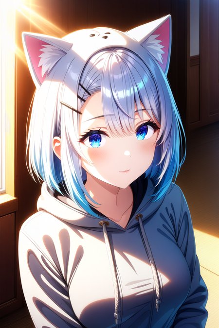 16k, 8k, 4k,
best quality, extremely detailed fine touch, hyper detailed, highly detailed, top quality, extreme quality, ultra details, absurdres, masterpiece,
amazing details, beautiful illustration, detailed face,
high resolution, highres,
digital painting, anime,
very aesthetic, natural light, sun light, light rays, dappled light, reflection, shadows, ray tracing, soft lighting,
bright colors, vivid colors, hdr, volumetric lighting,
 <lora:Sakuna Memoire(sdxl):0.85> Sakuna_Memoire, 1girl, animal hood, bangs, blue eyes, breasts, drawstring, grey hoodie, holding, hood, hood down, hooded jacket, hooded sweater, hoodie, long sleeves, short hair, white hoodie