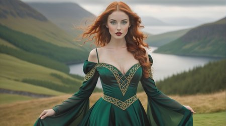 (contrapposto pose:1.3), HDR, rule of thirds composition, full-length editorial photo of 21yo seductress, cute face, outdoor Scottish highlands, vivid sunset hues, fantasy setting. A striking redhead woman, (distinctly Scottish), wearing an elaborate elven inspired gown is a fusion of deep emerald green and earthy browns, with intricate Celtic knotwork embroidery in gold thread, Flowing sleeves, a fitted bodice, short skirt, fiery red hair is styled in a cascade of loose curls, green eyes, stands atop a grassy knoll, overlooking a misty loch. In her hands, she holds an ancient, rune carved staff, emanating a soft, other worldly glow., large bosom, attractive body figure, feminine hourglass body shape, style of Gil Elvgren, Pin-Up Art, Retro Americana, Glamorous Women, Vibrant Colors, Playful Poses, Imogen_Serberkummer,