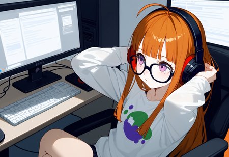 score_9, score_8_up, score_7_up BREAK  1girl, futabadef, orange hair, long hair, blunt bangs, glasses, ahoge, purple eyes, behind-the-head headphones, white shirt, sitting, computer,  <lora:zs_FutabaXL:1>