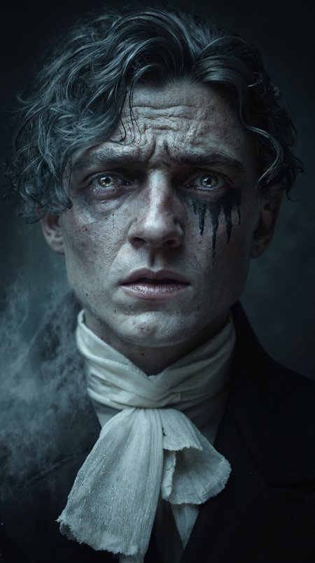 zavy-ghst, translucent figure, ethereal ghost, 

An extreme close-up portrait of a ghostly young groom, dressed in elegant yet worn and teared 19th-century attire, evoking a bygone era. The groom is (crying:1.2) in despair, his head is slightly bowed, his haunted hazel eyes glossy with sorrow, as black tears stream down his pale cheeks, staining his otherwise flawless, translucent skin.
His expression is one of (utter despair:1.1), frozen in an (eternal moment of grief:1.1).

His dark, wavy hair is neatly combed, though slightly disheveled, as if time has weathered his once-pristine appearance. His high-collared Victorian jacket and white cravat are subtly worn, fading into the misty, ethereal glow that surrounds his spectral form.

The background is blurred and dark, fading into a soft, ghostly haze, enhancing the mystical and melancholic atmosphere. The lighting is moody and directional, casting subtle highlights on his cheekbones while deep shadows add dramatic contrast. The color palette is desaturated, dominated by cold blues, grays, and faded sepia tones, reinforcing the timeless, supernatural quality of this weeping phantom groom.