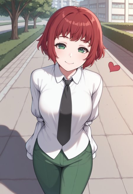 masterpiece, best quality,  <lora:NSRinKatawa:1> NSRinBase, armless amputee, red hair, short hair, green eyes, white collared shirt, green pants, black necktie, sleeve tied shut, hearts, smile, outdoors, school, looking at the viewer, incoming hug