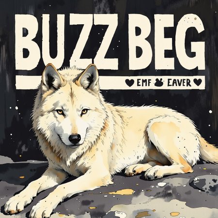 album cover art for a wolf techno vinyl album, minimalist design, furry edm, retro 80's vibes, anime style watercolor painting. The album title "BUZZ BEG" is written in large letters. The tracks are listed below the title: "1. AI mangled my witty text", and "2. What's up with those paws?"