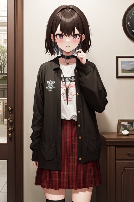 masterpiece, best_quality, 1girl, solo, goth, plaid skirt, <lora:goth_v1:0.8>