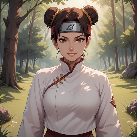 score_9, score_8, BREAK, dark brown hair, hair in twin buns, double buns, maroon loose high-waisted martial pants, curtain bangs, forehead protector, white shirt, black gloves, white chinese martial arts top, maroon sweatpants with side slits, brown eyes, sexy pose, self portrait, smile, outdoors, sunlight, shadows, evening lighting, natural lighting, forest, trees, grass, orange sky, sunset