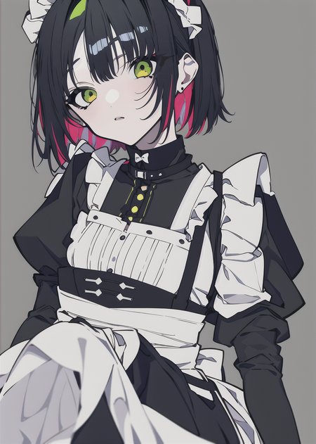 maid headdress, maid, 1girl, apron, white apron, grey background, solo, maid apron, dress, puffy sleeves, frilled apron, short hair, black hair, parted lips, breasts, juliet sleeves, waist apron, long sleeves, looking at viewer, black dress, frills, simple background, eyebrows visible through hair, yellow eyes, medium breasts, green eyes, bangs, multicolored hair, armband, ribbon, enmaided, safety pin, eyes visible through hair, underbust, streaked hair, upper body, arm belt, two-tone hair, collar, hair ribbon, alternate costume, hair between eyes, head tilt, standing, earrings, jewelry, eyebrows behind hair, black ribbon, cowboy shot, small breasts, frilled collar, ear tag, metal collar, mole, clothes writing
<lora:mochidukiKeiArtStyle_v10:1>