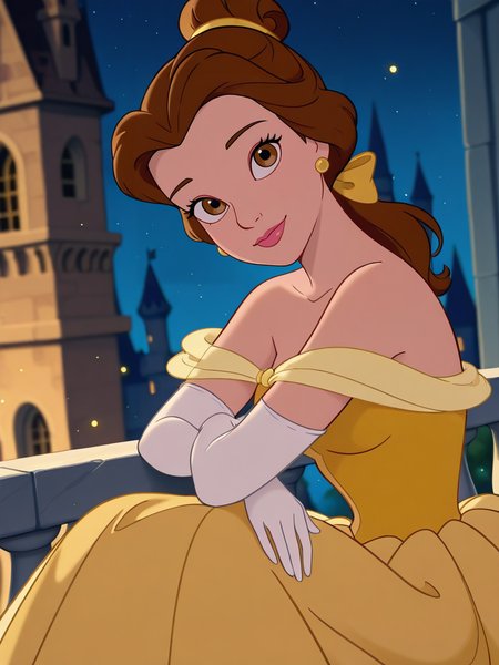 (official style:1.1), screencap, blurry background
1girl, medium breasts, (BelleXL:1.1), bow, brown hair, brown eyes, yellow dress, off-shoulder dress, white shirt, long dress, elbow gloves, jewelry, ponytail, single hair bun, lipstick, floating hair, makeup, 
light smile, dutch angle, cute pose, happy, looking at viewer, sitting on balcony, garden outside, princess castle, indoors, night sky, portrait, dynamic pose, cowboy shot, hands down, head tilt, light particles, from side,
 <lora:Belle-IL:1>