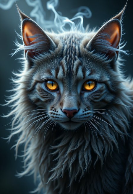 An ethereal figure of a persian cat close-up composed of swirling smoke and ash. This captivating image, reminiscent of a painting, showcases a being that embodies mystery and enigma, exuding an otherworldly allure. The intricate details of the smoke and ash, create a hauntingly beautiful and high-quality visual masterpiece.