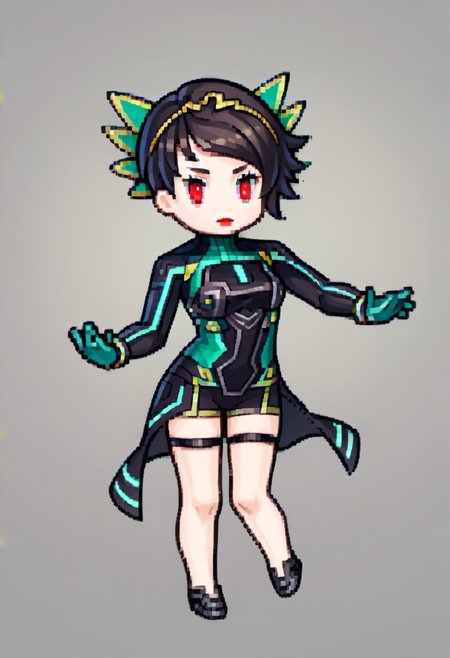 score_9, score_8_up, score_7_up, source_anime, 1girl, <lora:Feh-Sprites-pdxl_Fp:1> simple background, chibi, full body, <lora:zs_PanagiaYokoXL:1> panagiayokosmtvv, short hair, black hair, swept bangs, headband, red eyes, red lipstick, turtleneck, bodysuit, skirt, green gloves, thigh strap, black shoes