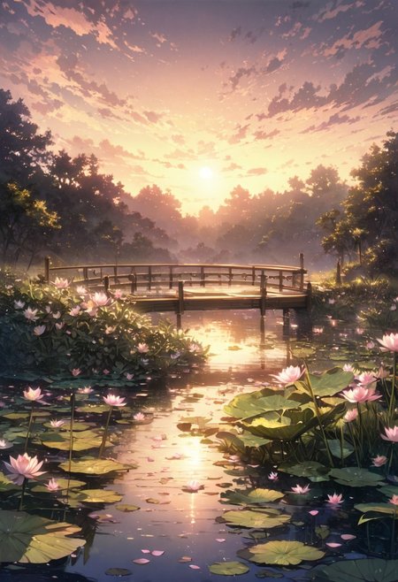 detailed background,( Calm spring night landscape), amongst lush greenery, beautiful view, Water lilies in full bloom, Water lilies, Unexplored, early morning, sunrise sky, beautiful clouds, dappled sunlight, beautiful, Tranquil Lake, Walkway, petals dancing in the wind, depth of field, masterpiece, best quality, ultra-detailed, very aesthetic, illustration, perfect composition, intricate details, absurdres, moody lighting, wisps of light, no humans,