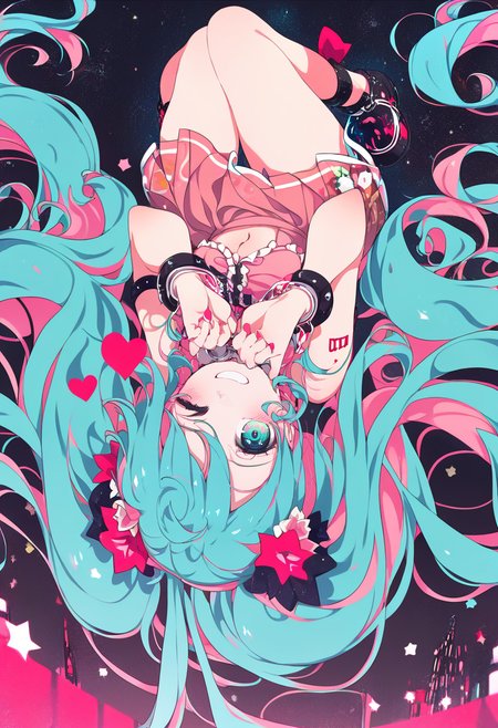 score_9, score_8_up, score_7_up, score_6_up, <lora:ogipoteXL_P6_lokr_V42310:0.95> 1girl, hatsune miku, solo, long hair, skirt, upside-down, pink hair, twintails, aqua hair, very long hair, multicolored hair, aqua eyes, hair ornament, navel, heart, midriff, hair flower, looking at viewer, flower, star \(symbol\), frills, two-tone hair, pink skirt, one eye closed, bow, blue hair, cuffs, smile, blue eyes, floating hair