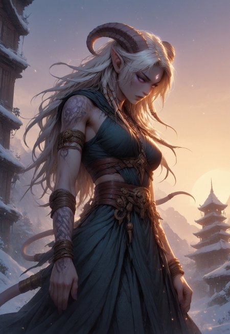 (absurdres, best quality, masterpiece:1.4), score_9, score_8_up, score_7_up, score_6_up, detailed, detailed body, detailed face, world of warcraft, fantasy, <lora:add-detail-xl:1.5>, 

fFaceDetail, SkinDetail, ((female, draenei, tall, athletic arms, pale white skin, long white hair, purple eyes, no pupil, no sclera, long white tail), (h0rns, ram horns, white horns), 
(long fingers, purple fingernails, purple nail polish), hooves),  

GunMonk, shotgun, 

(long loose blue dress, blue silk scarf, tail under dress, simple armlet, small yellow gem pendant), 

outdoors, mountains, temple, snow, evening, low angle, close up, close, 