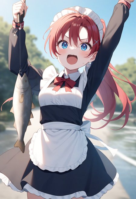 1girl,sincos, ningen mame, toosaka asagi,solo,medium breasts,20yo,maid,maid headdress,
fishing, fish, fishing rod, water, outdoors, day, arms up, splashing, holding fishing rod, standing, ocean, from below, fishing line,  <lora:fishing_XL_v1:0.8>
cowboy shot, looking up, red hair, blue eyes,determined,  open mouth, ponytail hair,,
best quality, very aesthetic, absurdres