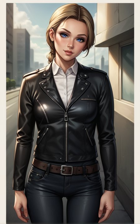 score_9, score_8_up, score_7_up, BREAK
Jacket_AlanWake_ownwaifu, 
1girl, blonde hair, blue eyes, breasts, brown hair, hair behind ear, hair pulled back, single hair bun, short hair, ponytail, single braid, lips, forehead, grey eyes,
black jacket, collared shirt, white shirt, long sleeves, leather jacket, black pants, pants, formal, zipper, jacket, denim, belt, leather, pocket, 
(portrait, head tilt, looking at viewer), straight-on,  white border, bokeh, <lora:PONYXL_GAME_AlanWake_ownwaifu:0.8>, solo,