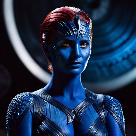 cinematic film still of  <lora:Mystique X-Men:1>
Mystique X-Men a woman posing behind a black background, shallow depth of field, vignette, highly detailed, high budget, bokeh, cinemascope, moody, epic, gorgeous, film grain, grainy