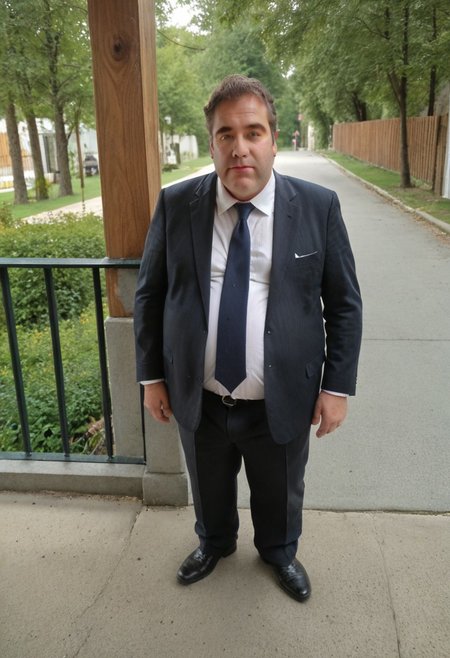 masterpiece, best quality, newest, absurdres, highres, photo, realistic style, full body picture, outside, 1boy, Tubby, fat man hairy man, brunette, green eyes, wearing a suit