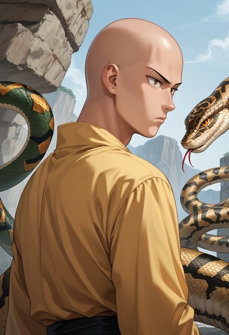 score_9,score_8_up,score_7_up,score_6_up,score_5_up,source_anime, back view,1man, saitama, bald, brown eyes 30yo, standing, one hand ready to strike , clenched fist, bored, snake, snake on shoulders,