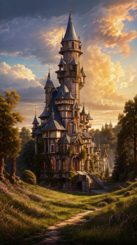 Masterwork Painting, Magnum Opus, 
 <lora:Wizard_Tower:0.75> witow, castle, cloud, cloudy sky, grass, no humans, scenery, sky, tower, tree, <lora:Fantasy_Mountains:0.75> fanmou, footprints, forest, grass, nature, no humans, outdoors, sky, tree,
  highres, 8k, uhd, High Dynamic Range, tonemapping, crisp details,  intricate details, fine details