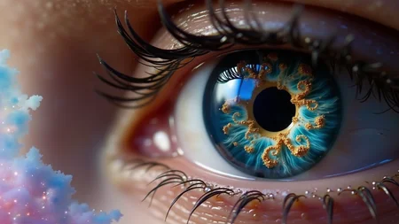 A close-up shot reveals the captivating eye of a woman, where her iris is transformed into a stunning fractal design filled with swirling patterns in vibrant colors of deep indigo, radiant turquoise, and shimmering gold. The fractal draws the viewer deeper into its complex geometry, embodying the essence of C183kw8rx. Her eyelashes frame the eye gracefully, while the sclera glistens softly, reflecting light and enhancing the depth of her gaze. In the blurred background, pastel hues swirl gently, harmonizing with the fractal, while a faint mandelbrot pattern pulses along the edges, merging the surreal beauty of the design with retro-futurist cosmic surrealism.
<lora:C183kw8rx_v3_c5f1f0ef:1.5> <lora:retro-futurist-cosmic-surrealism-flux:1>