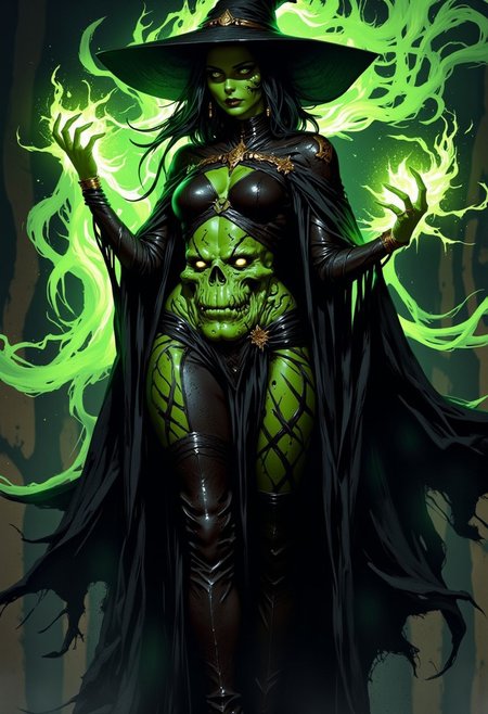 A seductive witch, orgasmic pleasure, green and Black body painting patern, tentacles emerges from her skin, a face of cthulhu in his belly, mix sexy and grotesque,  Tight high boots, high heels, cape, hat