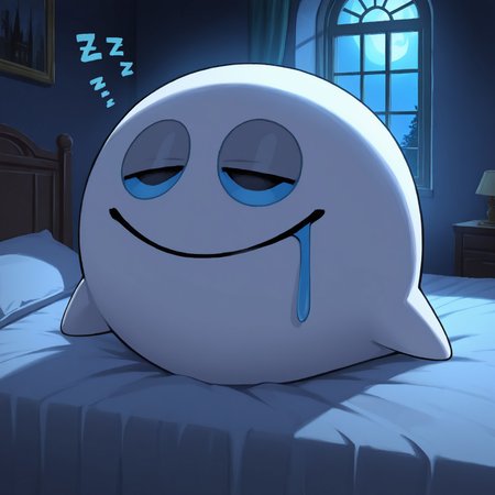 Sleepyboo, solo, feral, ghost, blue sclera, black eyes, half closed eyes, white skin, closed mouth, drooling, legless, featureless hands, ball ghost, sfw, 

BREAK haunted mansion, dark environment, window, moonlight, ZZZ, on bed, indoors

BREAK best quality, amazing quality, very aesthetic, absurdres, newest, masterpiece, high quality, highres 
