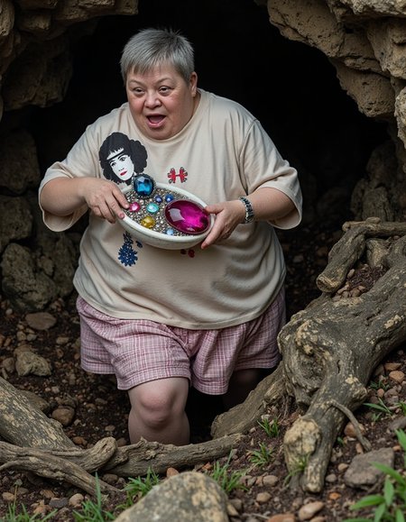 Down syndrome, A digital double exposure photo,  a obese elderly woman with Down syndrome is escaping a collapsing cave while carrying precious gems.  No watermark, no signature, no logo, no deformed hands.