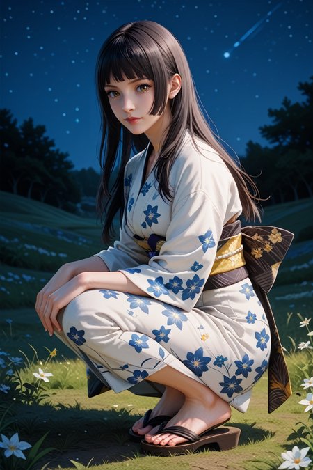 score_9, score_8_up, score_7_up,
<lora:FFGentiana:0.8>
FFGentiana, 1girl, black hair, long hair, blunt bangs, looking at viewer, night, grass, squatting, yukata, japanese clothes, floral print, obi, from side, looking at viewer, sandals, star \(sky\)