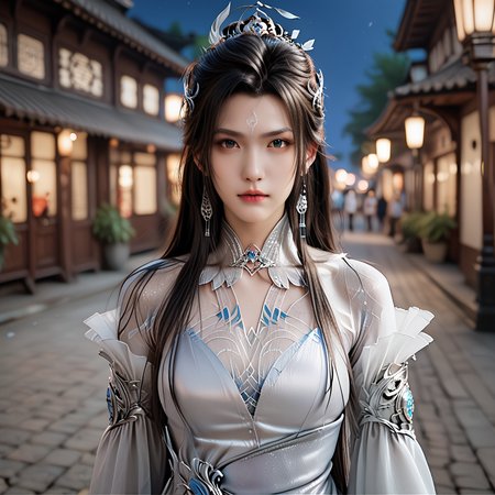 <lora:ponyluxueqi20v:1>,score_9,score_8,score_7_up,source_real,real skin BREAK luxueqi,medium_shot,looking at viewer,night,white and silver dress,