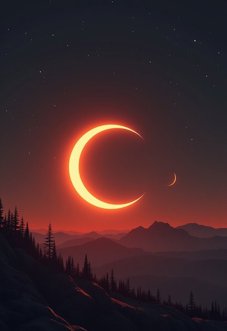 (masterpiece), best quality, expressive eyes, perfect face, sharp eyes, digital painting, voluminetric lighting, metallic reflections, 8k.
In a world where a lunar eclipse coincides with two moons eclipsing the sun, one might imagine a celestial dance of shadows and light. Picture a vast, open sky as the backdrop to an extraordinary event: two moons in orbit around a planet, aligning perfectly with the sun.
As the lunar eclipse begins, the primary moon slowly moves into the Earth's shadow, gradually dimming as it takes on a reddish hue, often referred to as a "blood moon." This is due to the Earth's atmosphere bending sunlight into the shadow.
Simultaneously, the second moon begins its transit across the sun, casting a smaller, distinct shadow upon the planet's surface. This creates a rare and mesmerizing visual effect known as a double eclipse. The sun's corona might still be visible around the edges of the moons, creating a "ring of fire" effect in the sky.
Observers on the ground would experience a dramatic shift in light. As the moons overlap with the sun, the sky would darken significantly, possibly allowing stars and planets to become visible in what would normally be daylight.
This cosmic event would be a stunning spectacle, a reminder of the grandeur and scale of our universe, and the delicate ballet of celestial bodies within it.